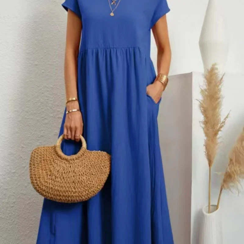 2025 novas mulheres vintage vestido sólido elegante o pescoço manga curta vestidos de linho algodão feminino casual solto vestido longo