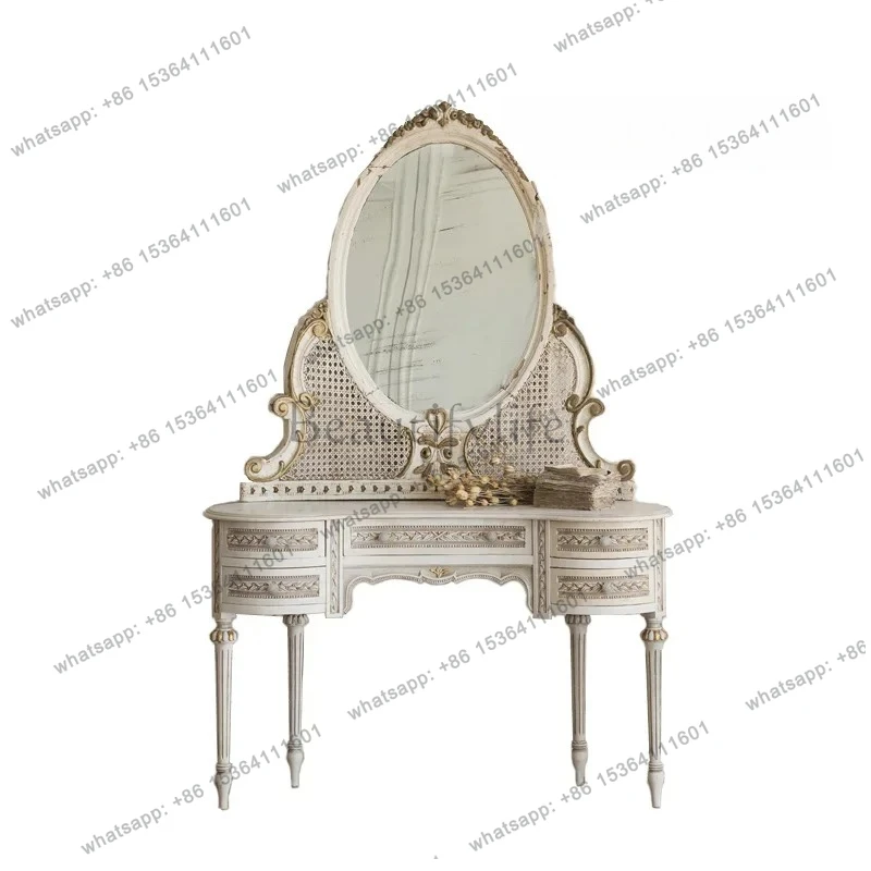 

European French retro old solid wood dresser rattan bedroom white makeup table with mirror arc customization