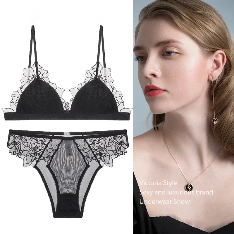 BANERDANNI Pure Desire Victoria French Lace Embroidered Lingerie Women's Thin Cup Triangle Cup Bra Set Comfortable No Underwire