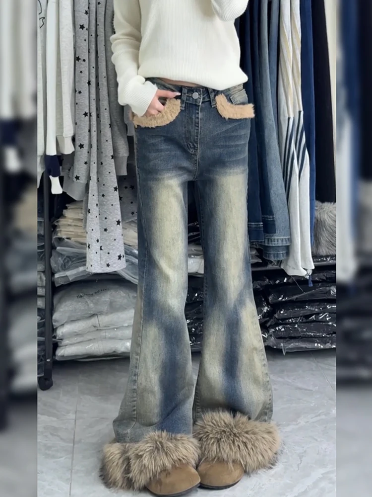 

Джинсовые джинсы-колокольчики с высокой талией в стиле ретро Y2K, женские брюки-колокольчики с дизайном в стиле пэчворк из искусственного меха, американские брюки-колокольчики, популярная девушка
