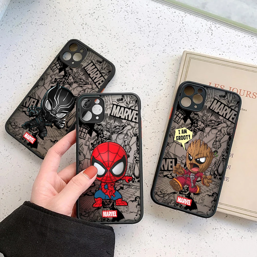 Cartoon Marvel Matte Cover For Apple iPhone 15 13 14 12 11 Pro Max Mini XS X 7 8 Plus Phone Case Silicone Spiderman Groot Fundas