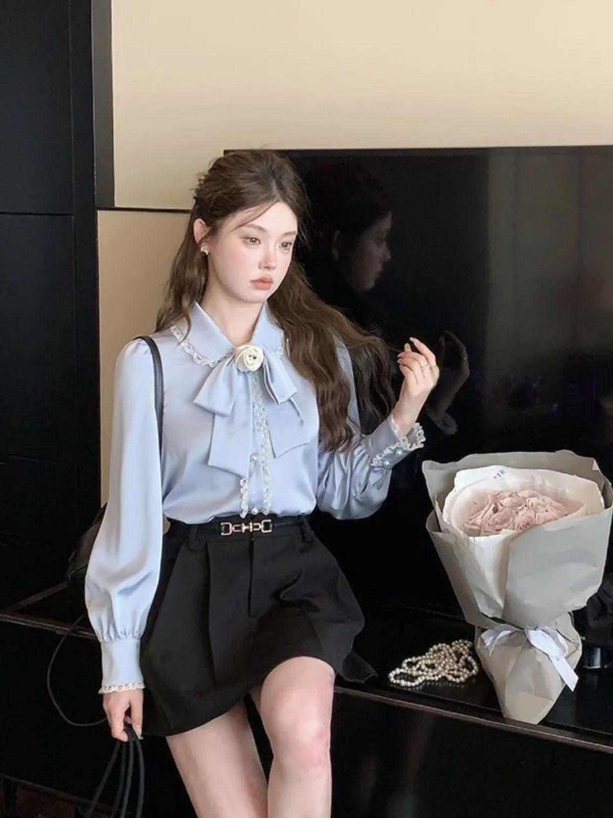 Detachable Camellia  Knot New Style Doll Collar Shirt Women White Elegance Professional Top Korean Style Slim Fit