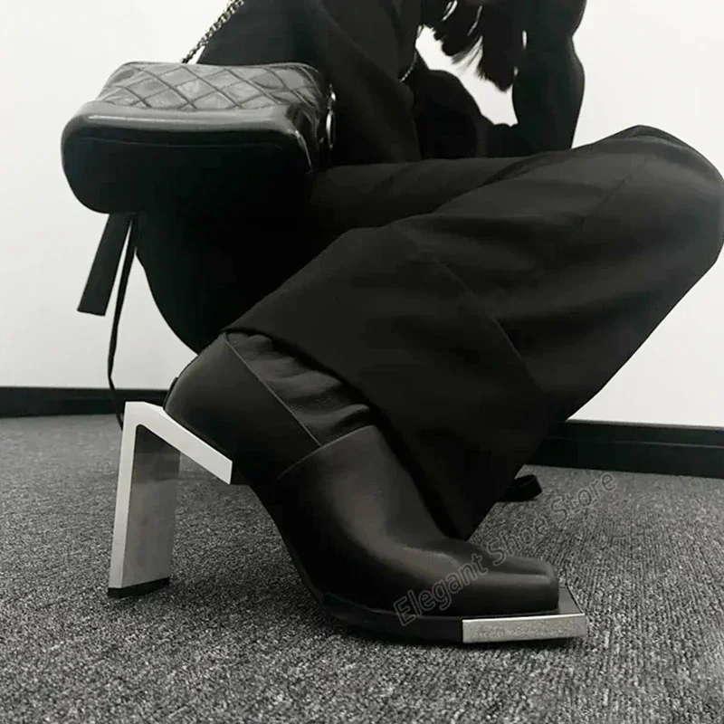 Metal Heel Design Elastic Boots for Women Sexy Square Toe Back Zipper High Heels Fashion Trendy Spring Autumn New Female Shoes