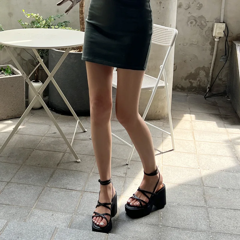 Summer 2022 Women's Sandals Open Toe Cross Strap High Heels Platform Ladies Shoes Fashion Female Chunky Heels Woman Sandals