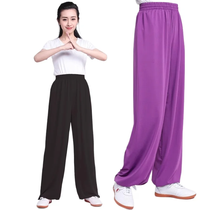 太極拳パンツ-ユニセックス-春秋-モダール-ミルクシルク-ゆったり-サイドポケット付き-格闘技練習-ランタンパンツ