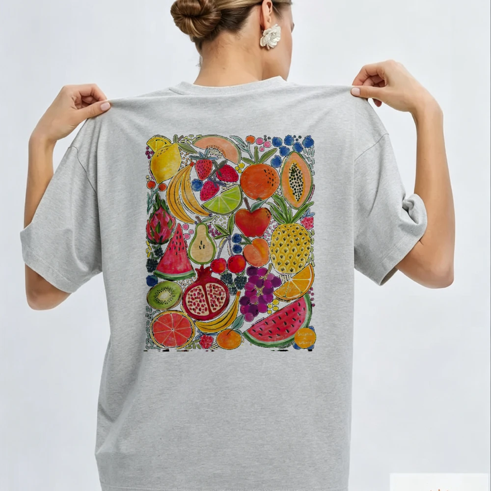 Colorful Fruit Collage Oversized Crew Neck T-Shirt with Watermelon Pineapple Banana Orange Pomegranate Kiwi Strawberry Grape Man