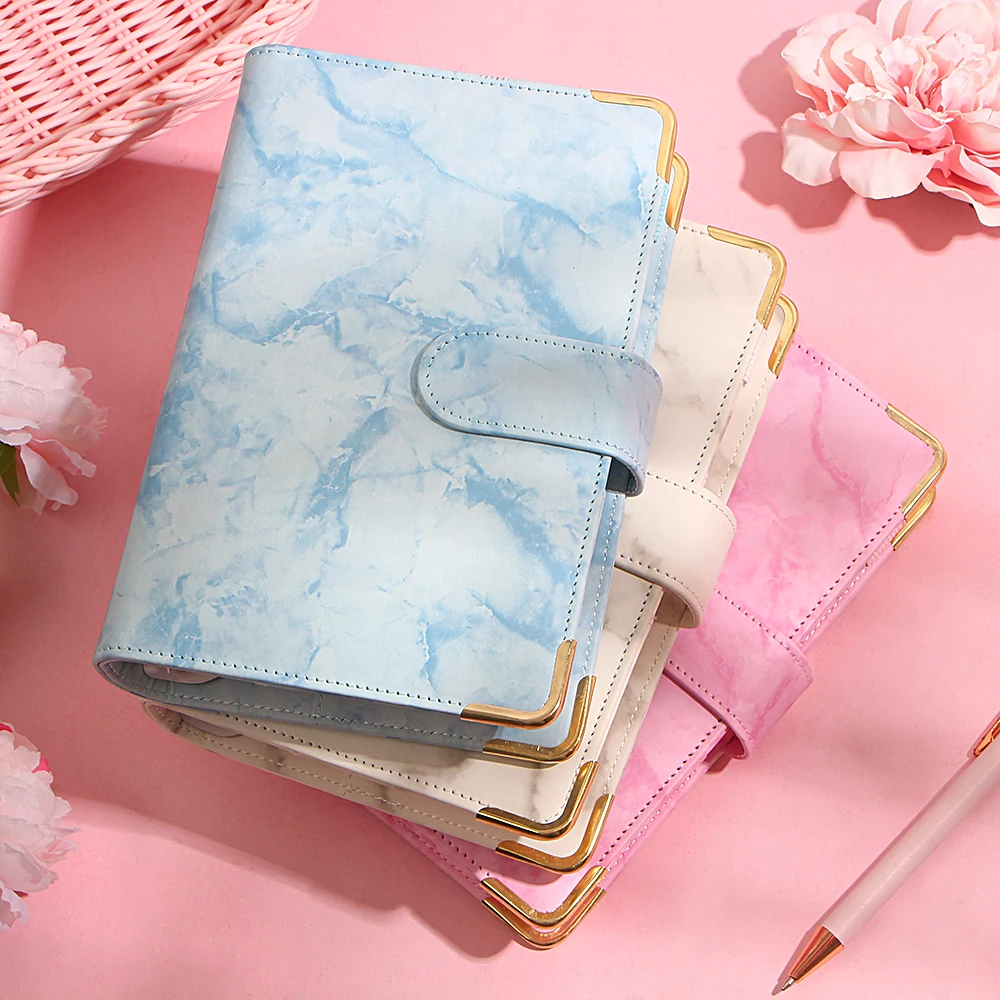 

Macaron Marble Color A5 A6 6Ring Binder PU Clip-on Notebook Leather Loose Leaf Notebook Cover Notebooks Journal Stationery