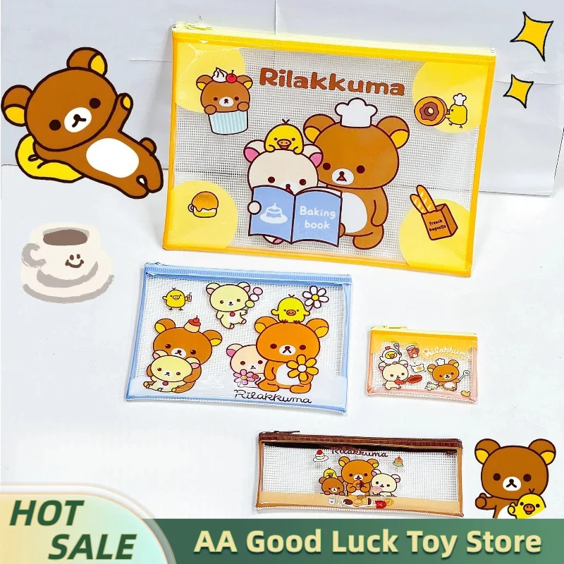 Kawaii Rilakkuma Mesh Zipper Pouch A4 A5 B6 Mini Student Stationery Storage Bag Document Pouch Portable Coin Purse Pencil Case