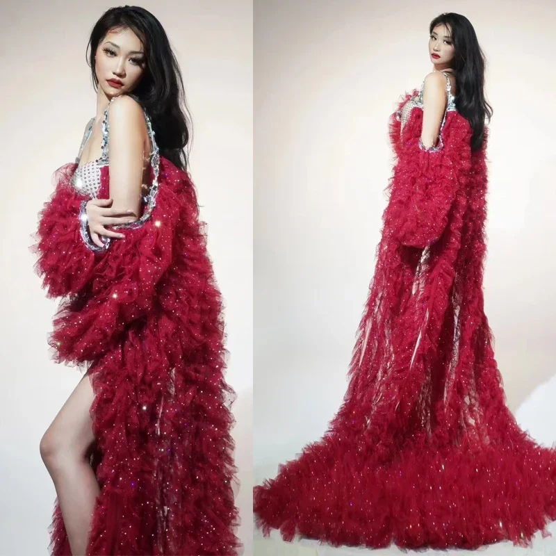 Kobiety Pole Dance Outfit Red Lace Cloak Single Leg Stones Jumpsuit Gogo Dancer Costume Bar Nightclub Ds Dj Rave Wear XS8442