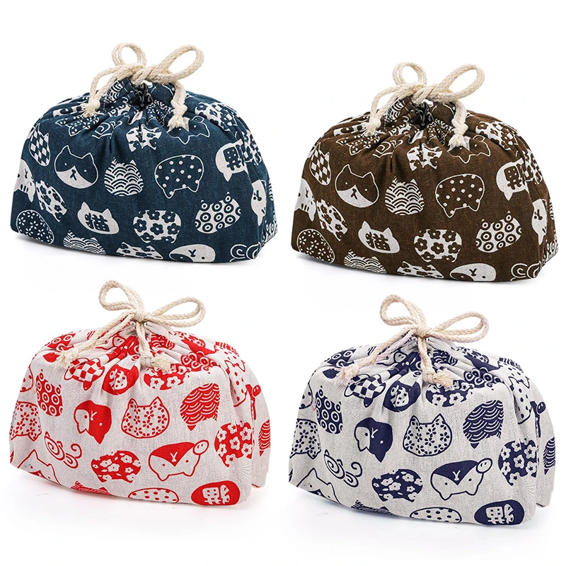 

Cute Japanese Cat Pattern Bento Lunch Bag Cotton Linen Drawstring Tote for Women Multi-Functional Storage Bag for Picnic Office