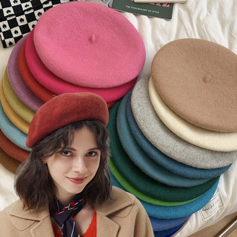 Women Retro Wool Berets French Artist Style Warm Winter Beanie Hat Plain Beret Solid Color Elegant Lady All Matched Autumn Caps