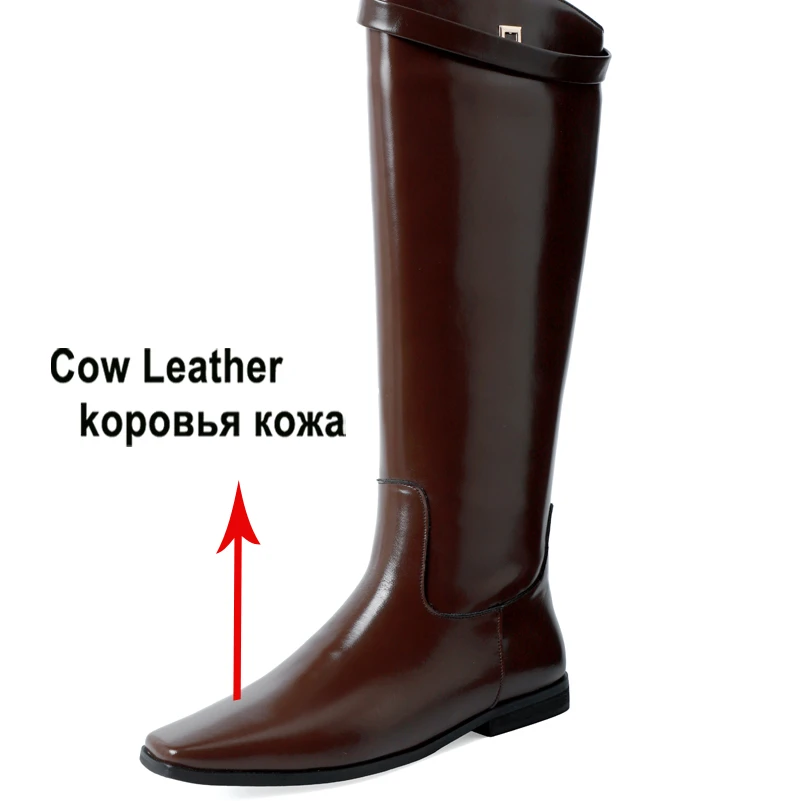 Meotina Women Genuine Leather Knee High Riding Boots Square Toe Flat Casual Long Boot Ladies Autumn Winter Shoes Brown 40