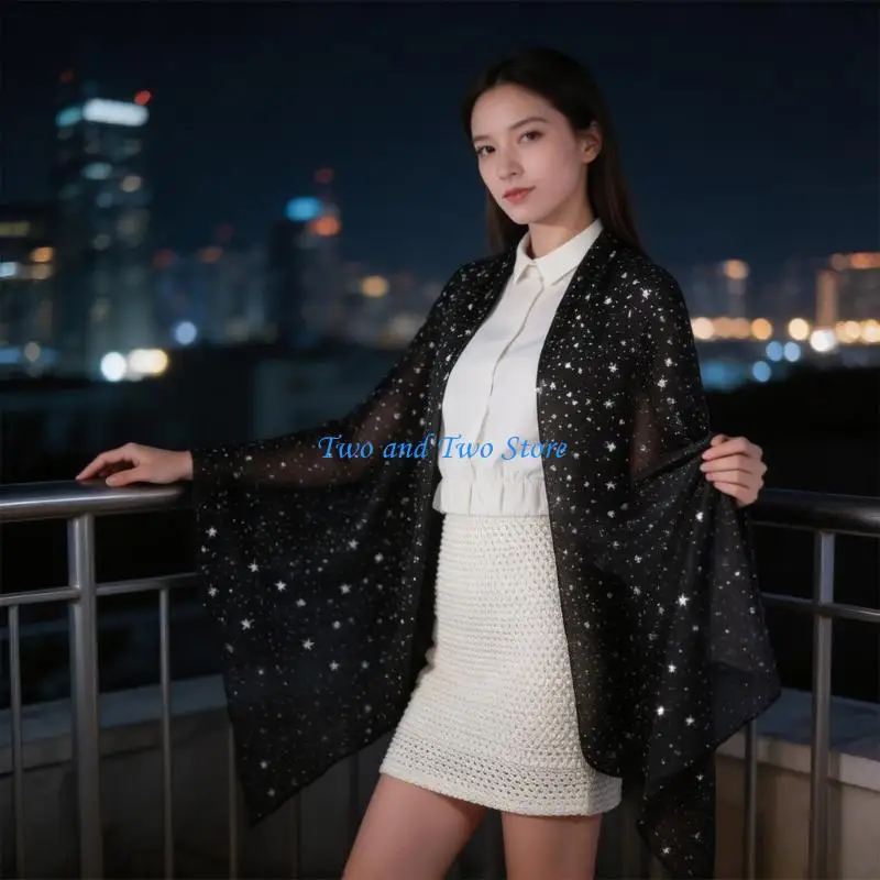 

HX6F Soft Sheer Mesh Layer Scarf Shawl with Metallic Motifs for Formal Dresses