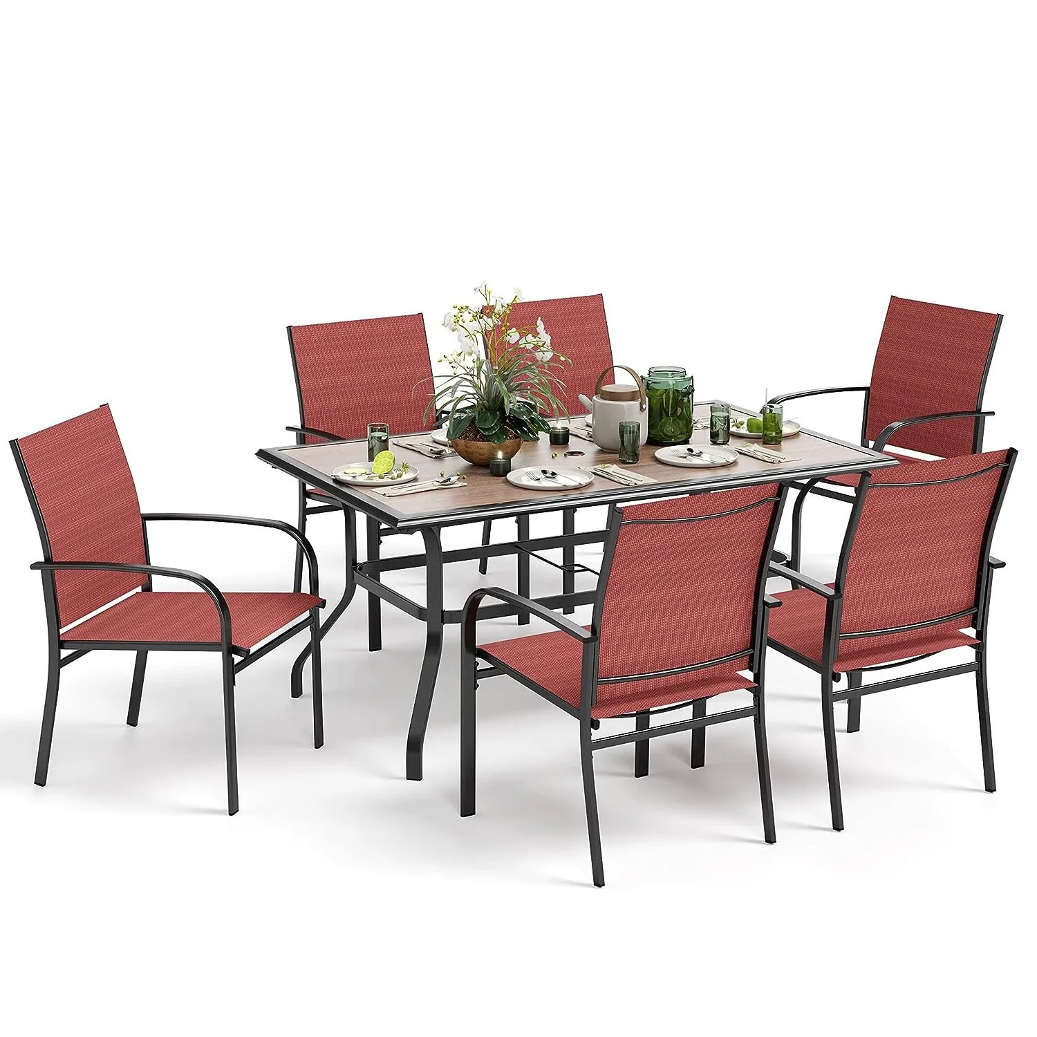 

Patio Dining Table Set of 7 Outdoor Furniture Textilene Chairs Lawn Garden Yard