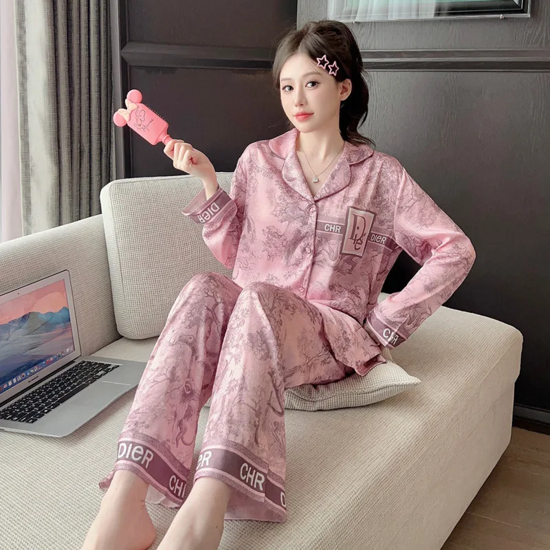 2025 Spring Summer Luxury New Style Pajamas Women Ice Silk Two Piece Set Tiktok Pink Fashion Home Clothes Nightgown Sleepwear