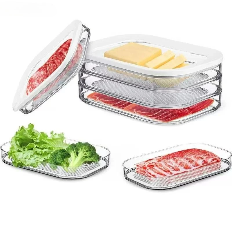 1pc Stackable Food Storage Trays with Lids Refrigerator Organizer Containers for Meat Veggies Meal Prep