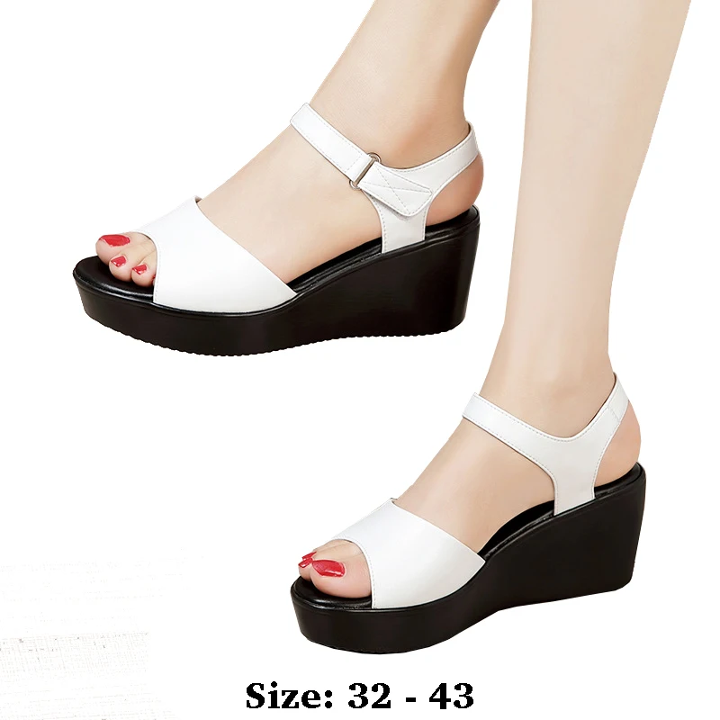 

high quality summer leather wedge sandals for women 6cm 11cm high heel new 2025 size 32 33 43 open toe elegant shoe black white