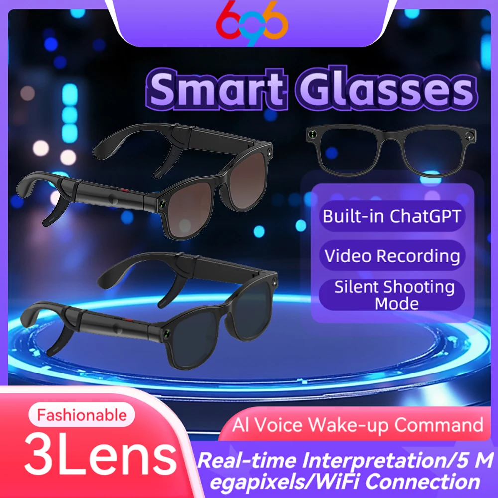 

Очки для камеры 500 Вт, умные очки с защитой от синего света, голосовой вызов, музыкальные солнцезащитные очки, AI GPT камера, BT и WIFI, видеозапись