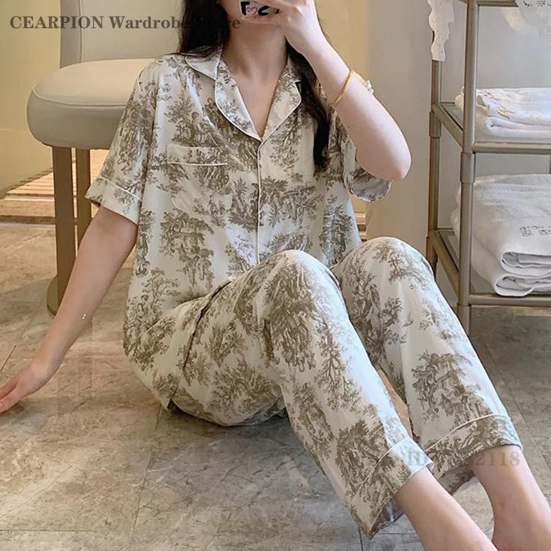 

2025 Summer Pajama Suit Women's Short Sleeve Trousers Loungewear Nightwear Flower Print 2 Piece Set Sleepwear Loose Homewear