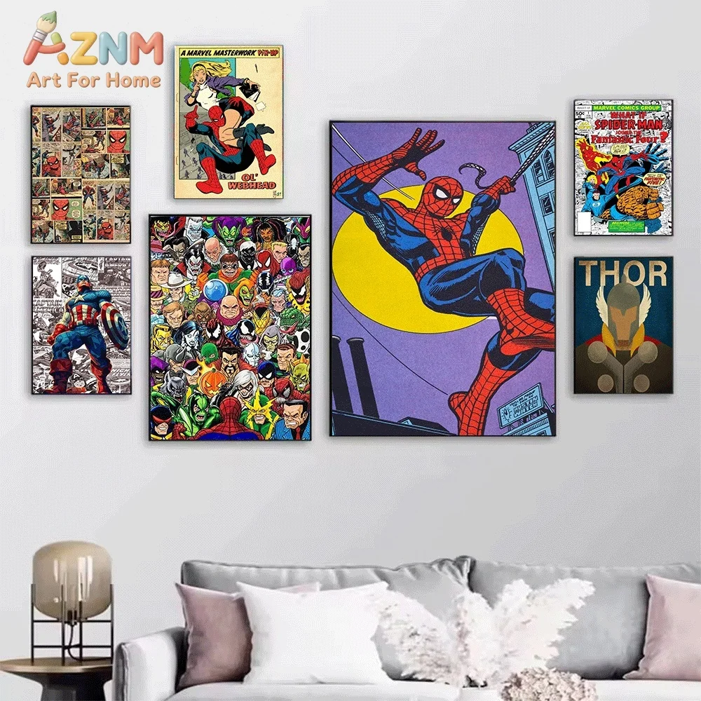 Spiderman Sandman Captain America Thor Superhero Canvas Wall Art Poster Vintage Marvel Comic Print Picture Home Bedroom Living