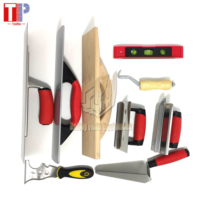 مجموعة أدوات يدوية للبناء مكونة من 10 قطع بما في ذلك مجرفة تنعيم وقياس مجرفة ومطحنة الجص وقاطع حافة مستوى الروح #1