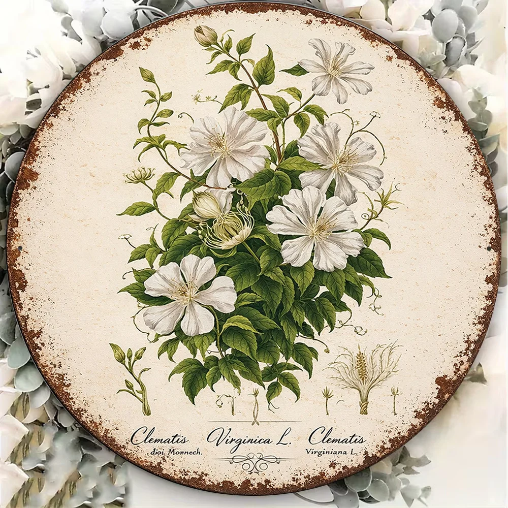 2D Flat, 1pc Vintage Clematis Flower Wall Decor - Round Clematis Floral Plaque Suitable for Living Room, Bedroom, Cafe Decoratio