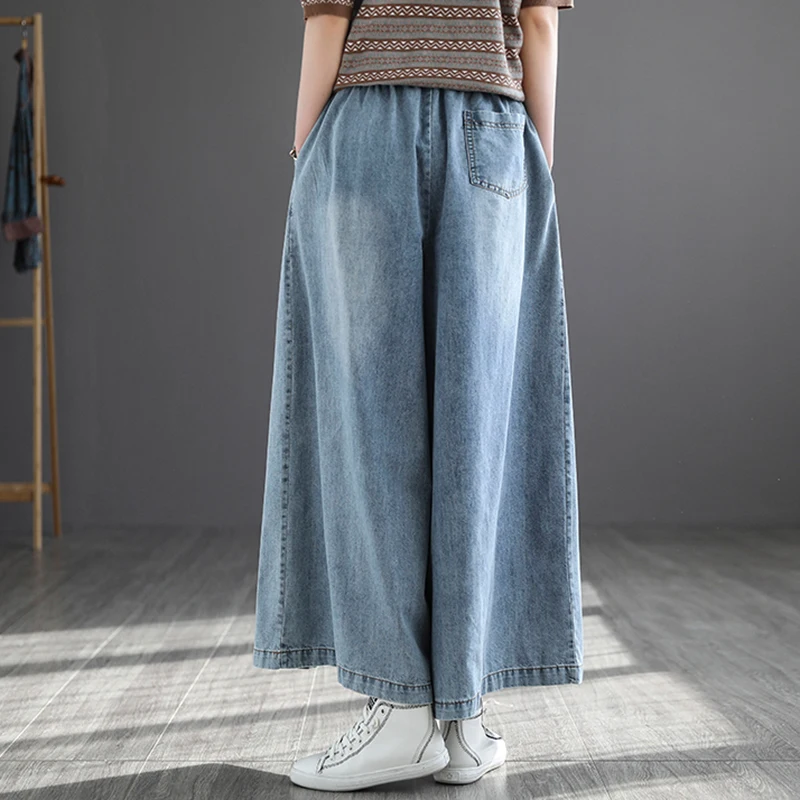 NINI WONDERLAND 2023 Autumn Cotton Denim Casual Pants Vintage Women Spring Elastic Waist Loose Jeans Korean Style Trousers Blue