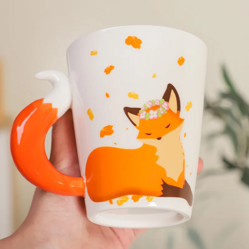 Creative Animal Ceramic Mug Cartoon Animal Coffee Cup Ceramic Fox Cartoon Coffee Mugs Fox Tail Handle Personalized Water Cups