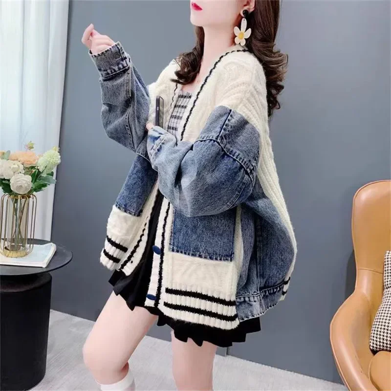 

Denim Knitted Patchwork Sweater Cardigan Jacket Fashion Long Sleeve V-Neck Jeans Coat Female Loose Pockets Outwear JJ577