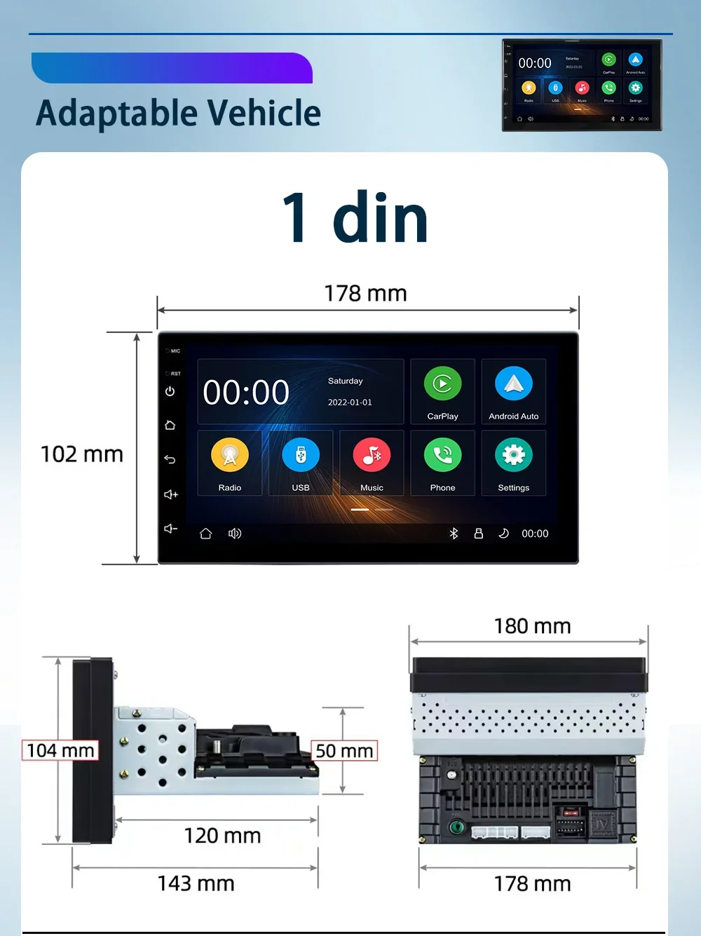 NEW Universal 7-inch Car Multimedia Player HD Touch Screen Linux System with Carplay Android Auto FM/USB Mirrorlink 12V Support