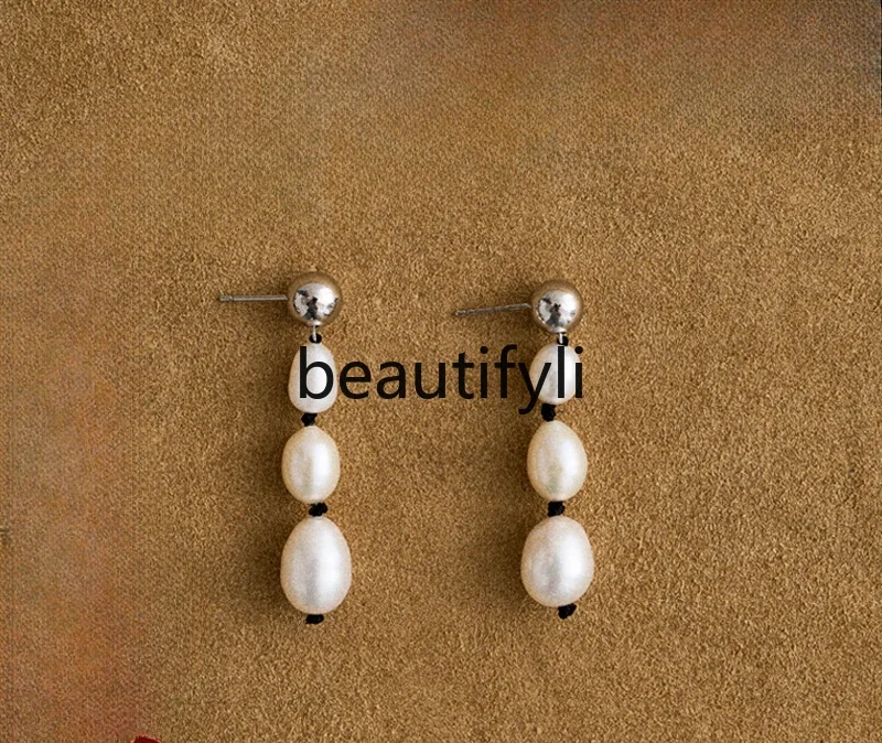 Metal Ball Natural Freshwater Pearl String Earrings Women's French Light Luxury Original Niche Premium Earrings