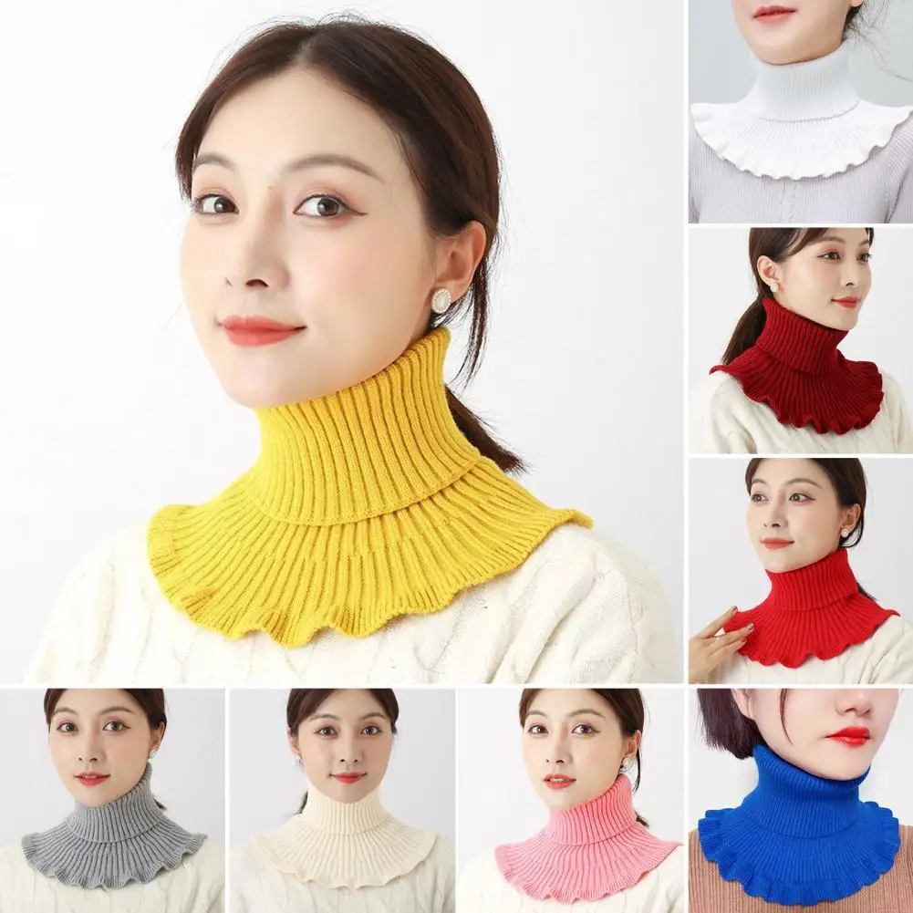 Winter Scarf Thick Knit Scarf Ribbed Texture Ruffle Trim Fake Scarf for Women High Collar Knitting Collar Autumn Winter