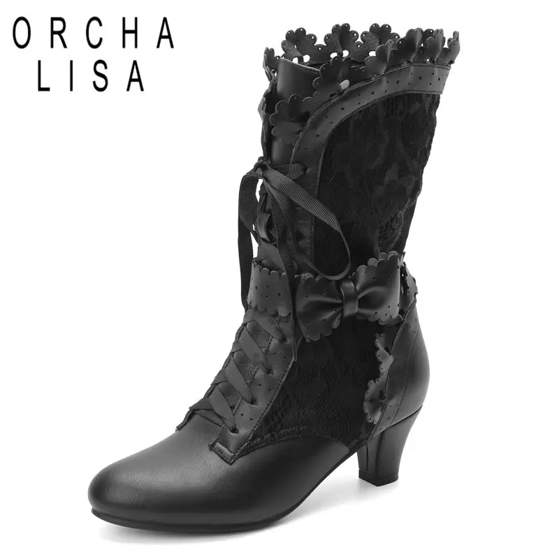 

ORCHA LISA 2025 Новые модные женские сапоги до середины икры с круглым носком, маленькие каблуки 6 см, шнуровка с бантом, большие размеры 41 42 43 Sweet Daily Bota