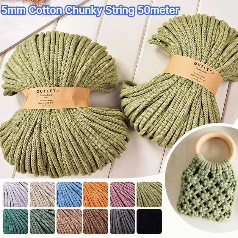 Cordon en coton épais de 5 mm, 50 mètres, pour macramé, tricot manuel DIY, accessoires de fabrication de sacs, corde tressée en coton pour macramé
