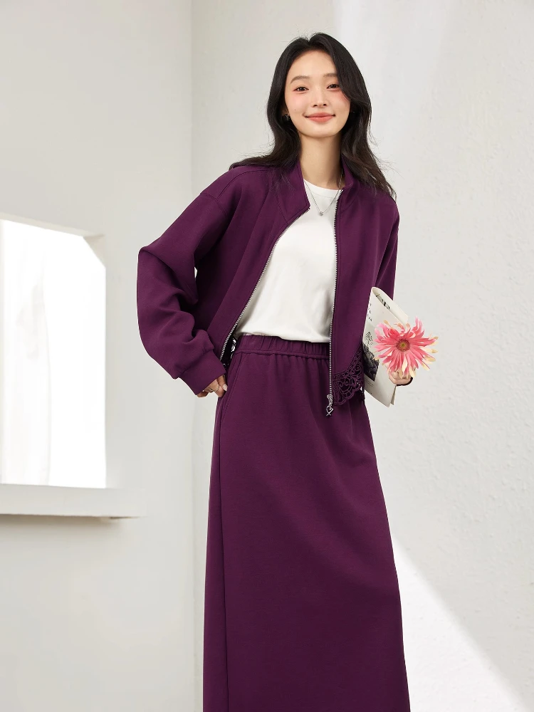 

VIMLY Purple Skirt Sets Woman 2025 Autumn Elegant New Matching Sets Lace Hollow Out Spliced Stand Tops Straight Skirts A1991