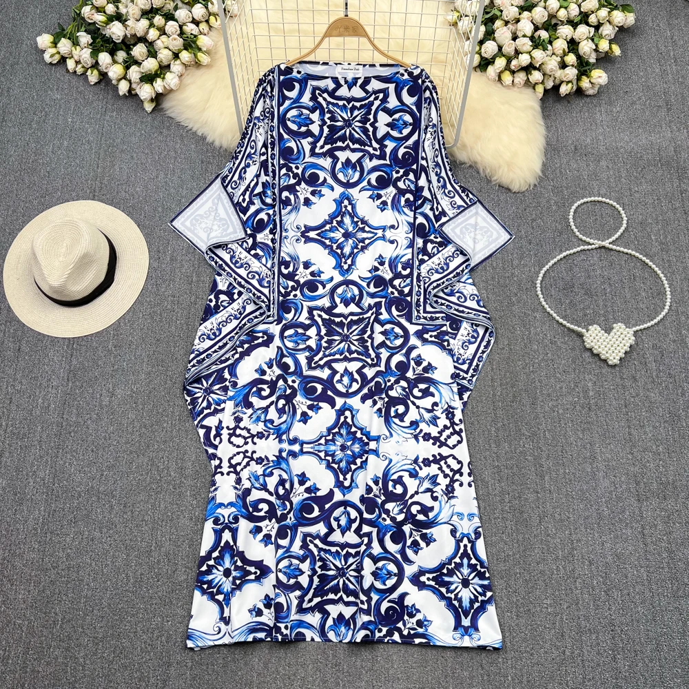 

New Summer Runway Loose Maxi Dress Women's Bawting Sleeve Blue and White Porcelain Flower Print Bohemian Long Robe Female