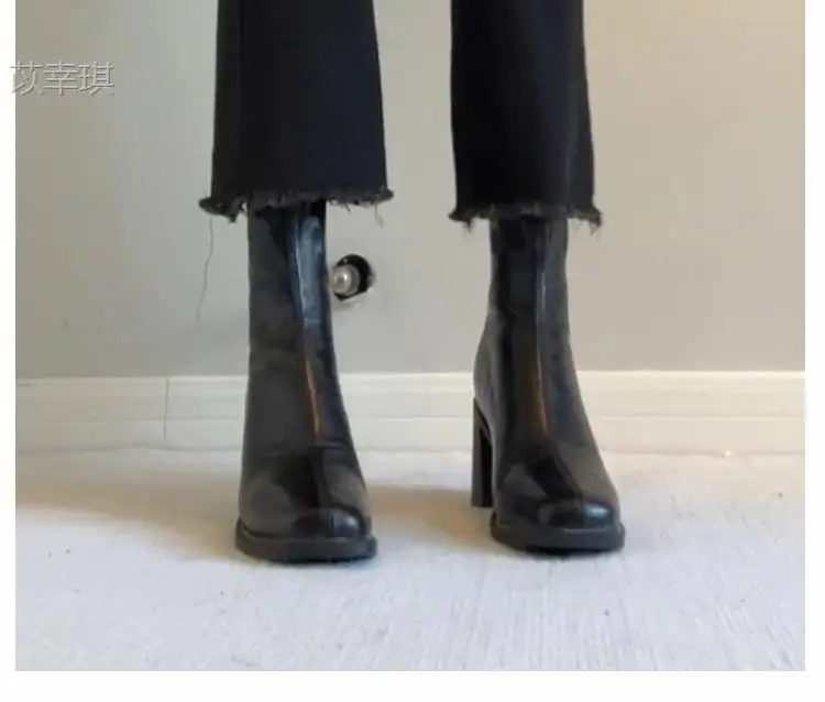 High heeled short boots for women's autumn and winter new style square toe genuine leather French thick heel slim boots
