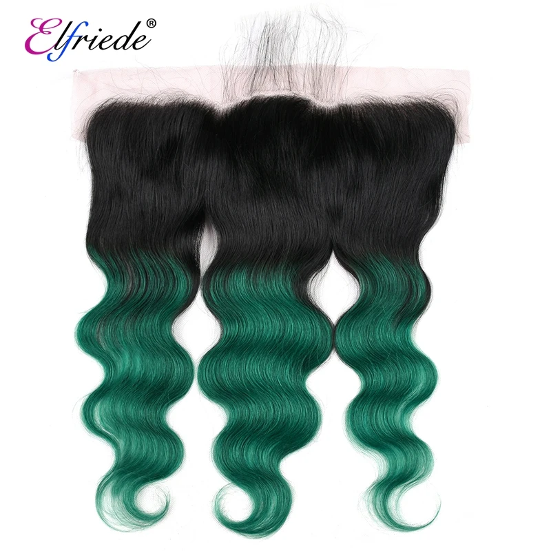 Elfriede Ombre 1B/Green Body Wave Hair Bundles with Frontal Brazilian Remy Human Hair Weaves 3 Bundles with Lace Frontal 13x4