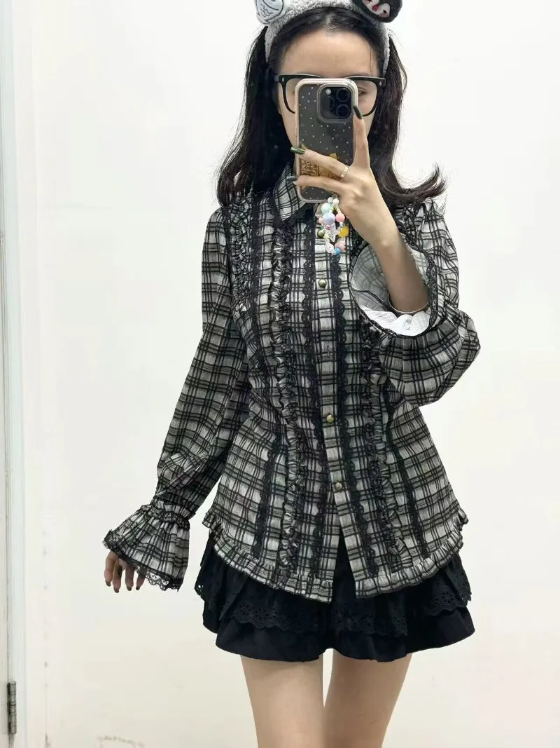

Japanese Aesthetic Lolita Skirts Set Gothic Ruffles Plaid Long Sleeve Shirts Y2k Mini Skirts Suit Harajuku Sweet Kawaii Outfits