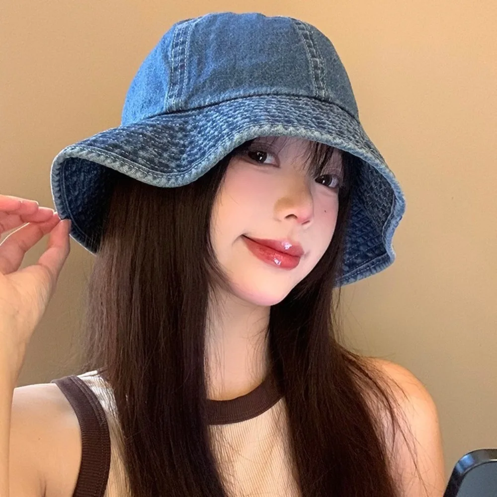 

Fashion Sunshade Denim Bucket Hats Lightweight Cloth Retro Fisherman Hat Black Blue Sun Protection Basin Cap Outdoor
