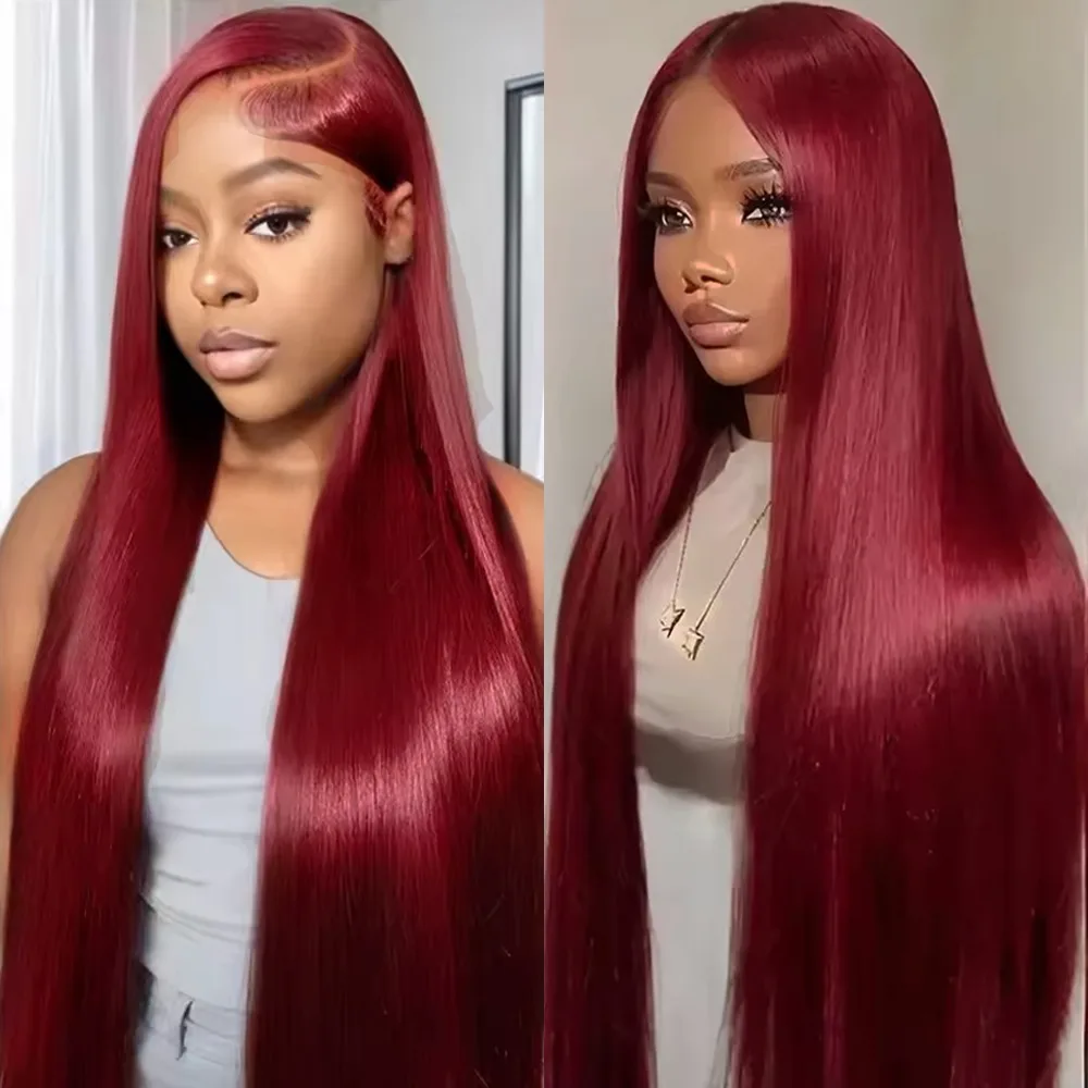 99Jバーガンディボーンストレート13x6 HDレースフロントウィッグ（黒人女性用）レッドカラー13x4 HDレースフロント人毛プレプラッキング済みウィッグ