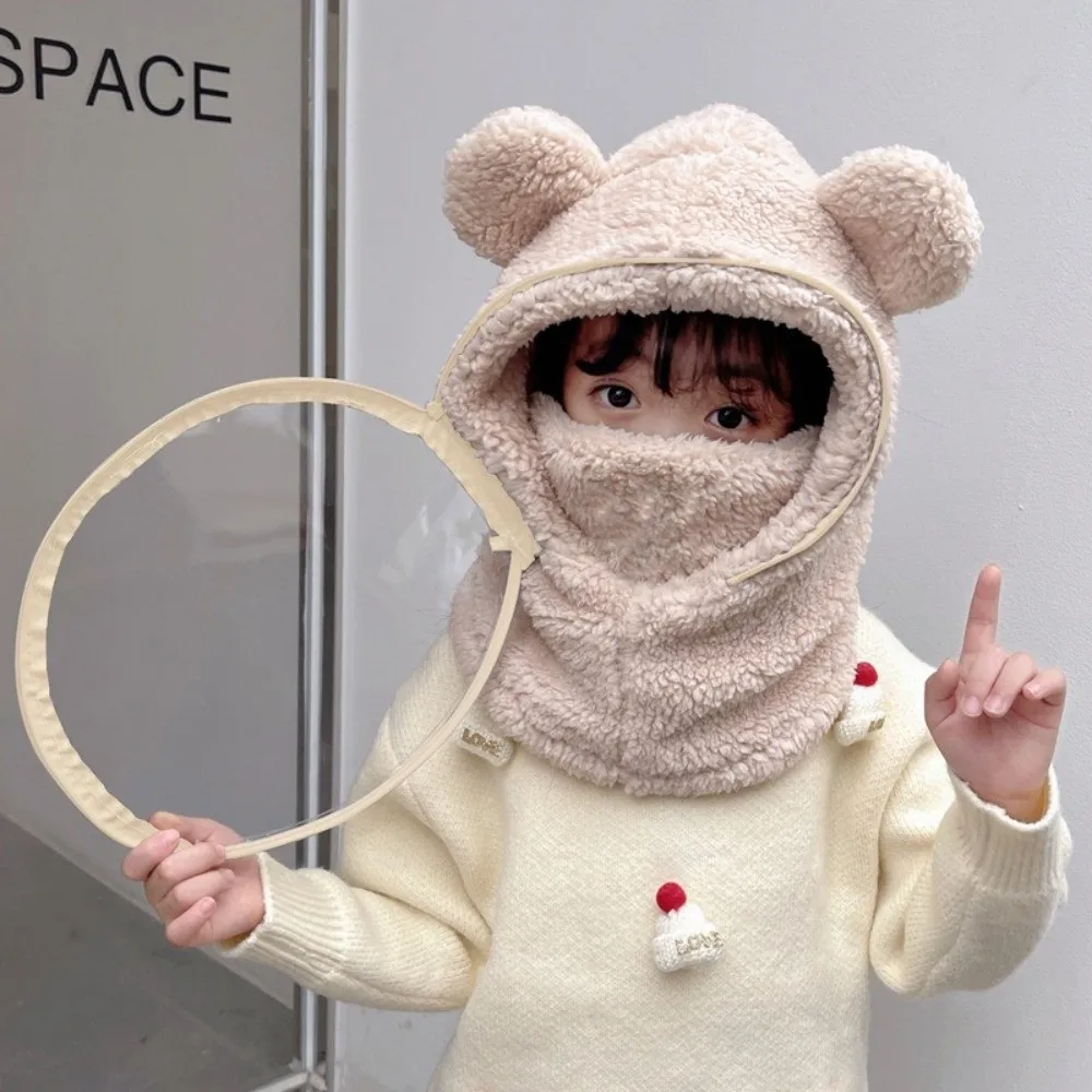 Winter Warm Cartoon Bear Integrated Hat Mask Ear Protection Full Face Mask Hat Thickened Neck Cover Windproof Mask Cap for Kids