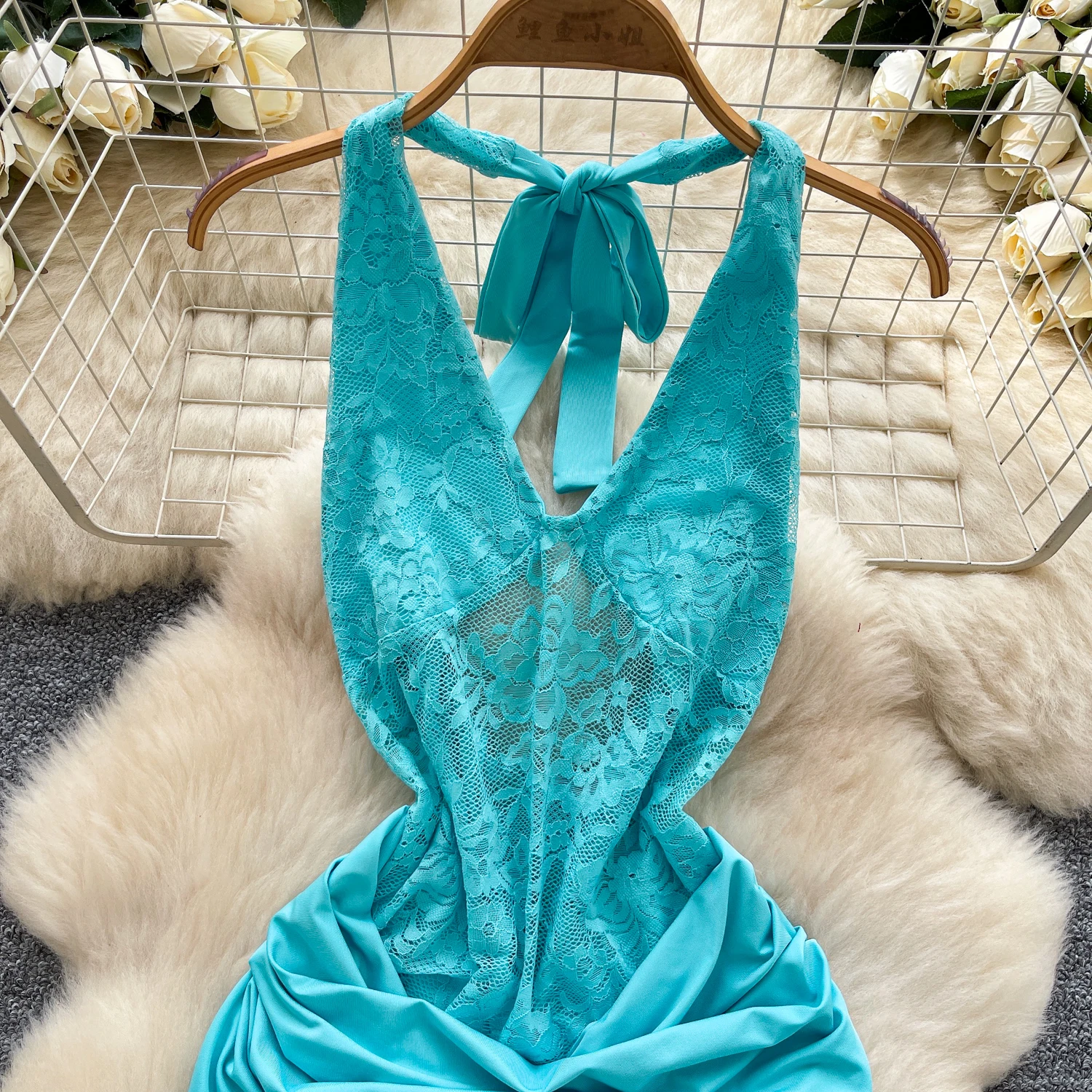 Sexy sem costas emendado renda cintura alta vestido plissado vestidos de verão feminino festa à noite mini vestido