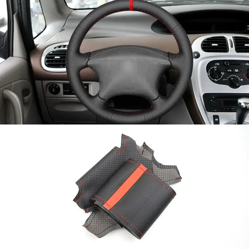 For Citroen Xsara Picasso 2001-2008 Berlingo 2003-2008 C5 Peugeot Partner Car Steering Wheel Leather Cover with Red Thread Strip