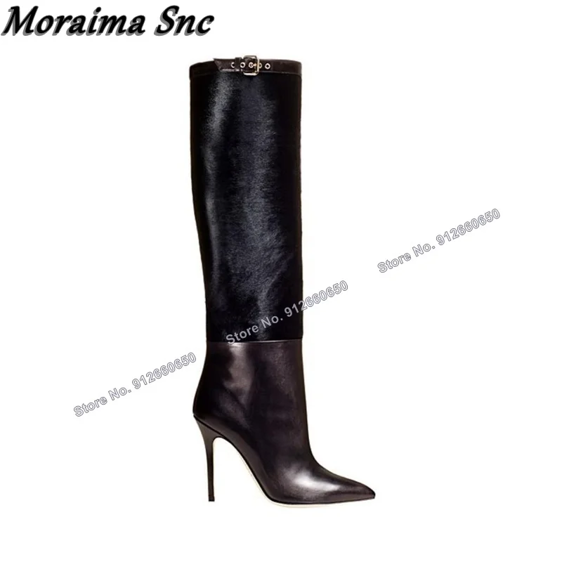 

Moraima Snc Black Belt Buckle Decor Knee High Boots for Women Pointed Toe Stilettos High Heels Fashion Runway Zapatillas Mujer