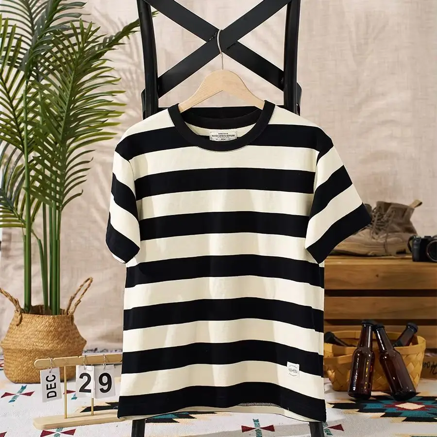 

Новая американская ретро футболка цвета хаки, тяжелая мужская мотоциклетная универсальная повседневная футболка в толстую полоску с короткими рукавами