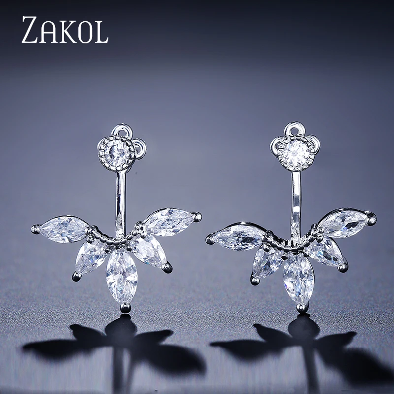 ZAKOL Fashion Leaf Stud Earrings For Women Girls Simpe Cubic Zircon Earring Jackets Jewelry Party Jewelry