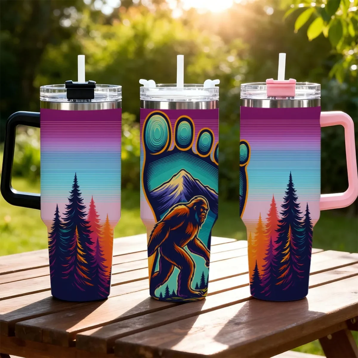 1pc 40oz Summer Cooling Soda Can with Lid & Straw - Vibrant Forest & Mountain Design Stainless Steel Perfect for Ice Cubes & Iced Beverages Ideal for Sports Outdoor Activities Holidays & Gi