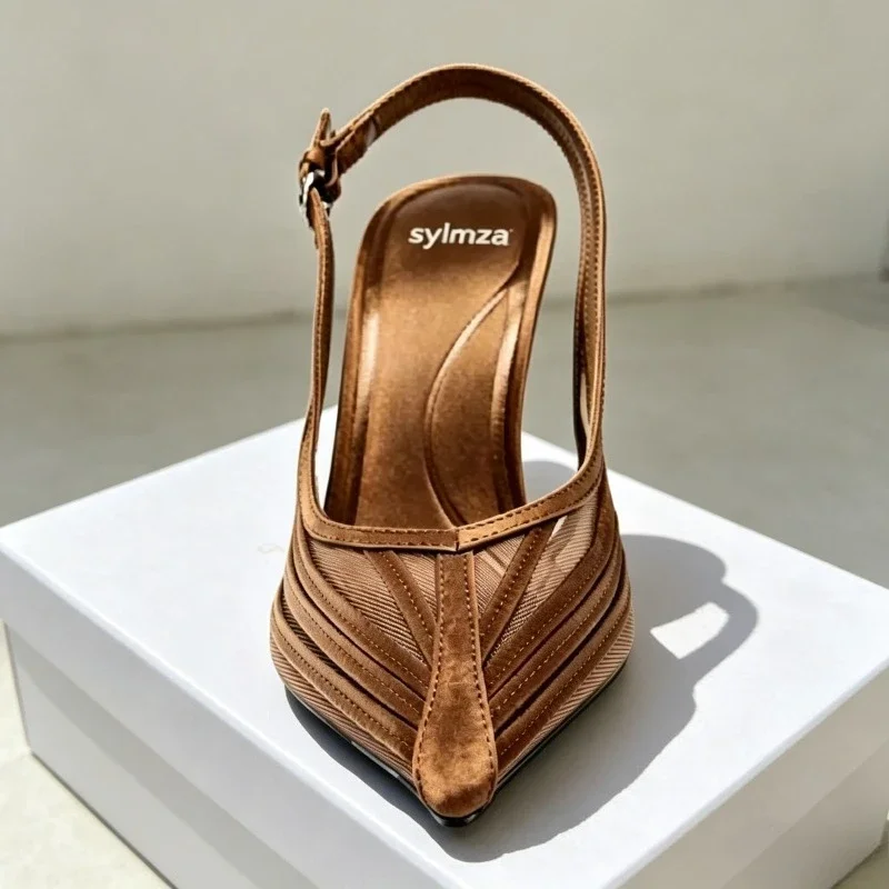 Mesh Designer Pointed Toe Slingback Sandals Women Summer 2026 Party Dress Mules Shoes Adjustable Buckle Sexy Pumps Women Heels