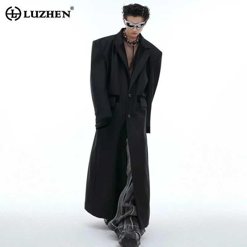 LUZHEN Original Fashion PU Leather Patchwork Design Men Trench Coat Padded Shoulder Personalized Fashion Male Windbreaker LZ5193